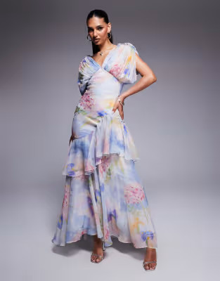 ASOS DESIGN blouson bias maxi dress with ruffle hem in abstract floral print | ASOS (Global)