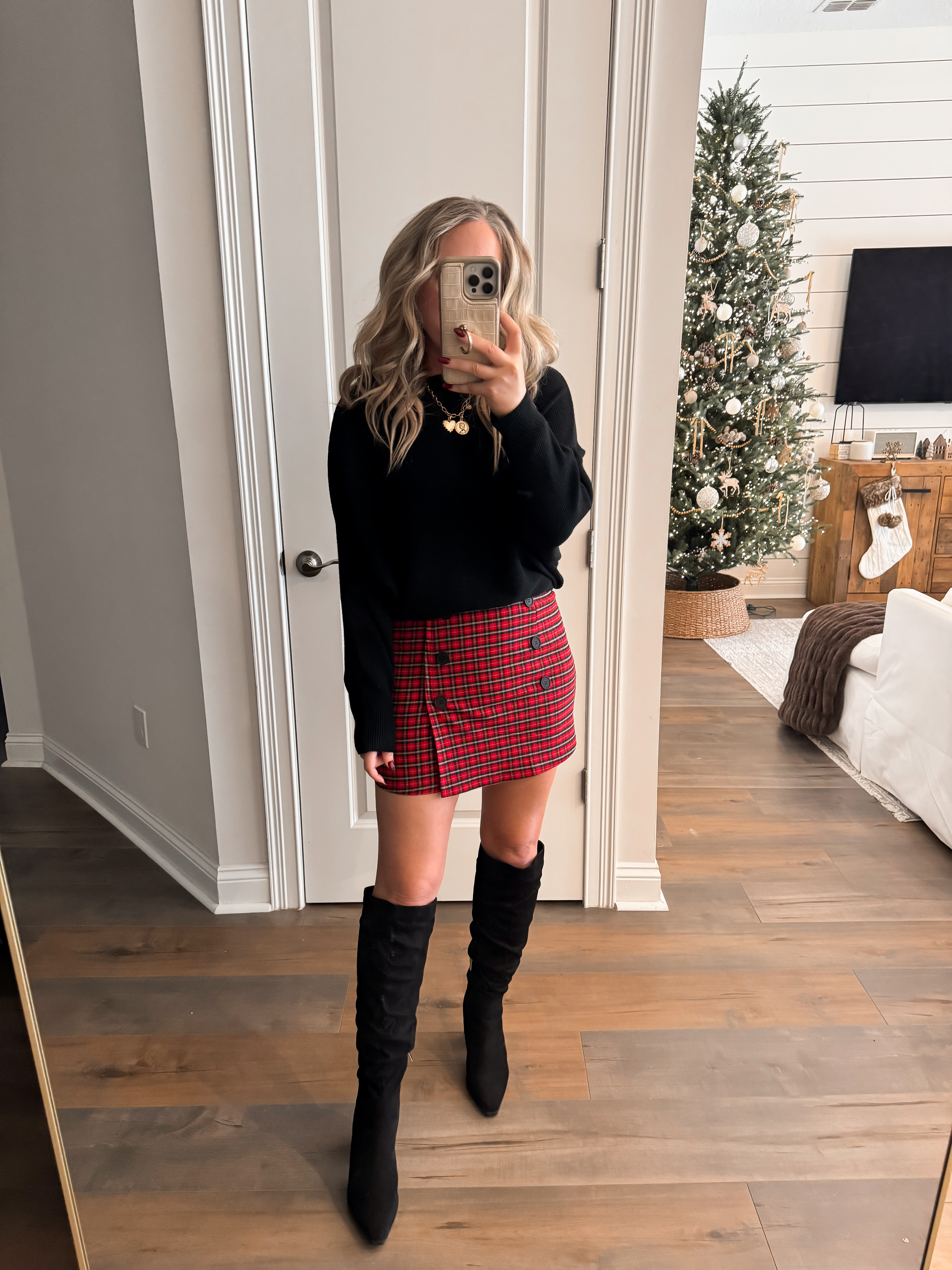 Holiday outfit idea from Amazon 🎄 Amazon fashion, last-minute holiday look, holiday event, Christmas style, winter style, women's fashion finds, red plaid skirt, sweater, knee high boots, date night style. 

 #LTKHoliday #LTKootd #LTKFindsUnder50