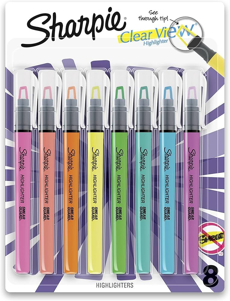 Sharpie Clear View Highlighter Sticks, Chisel Tip, Assorted Fluorescent, 8 Count | Amazon (US)