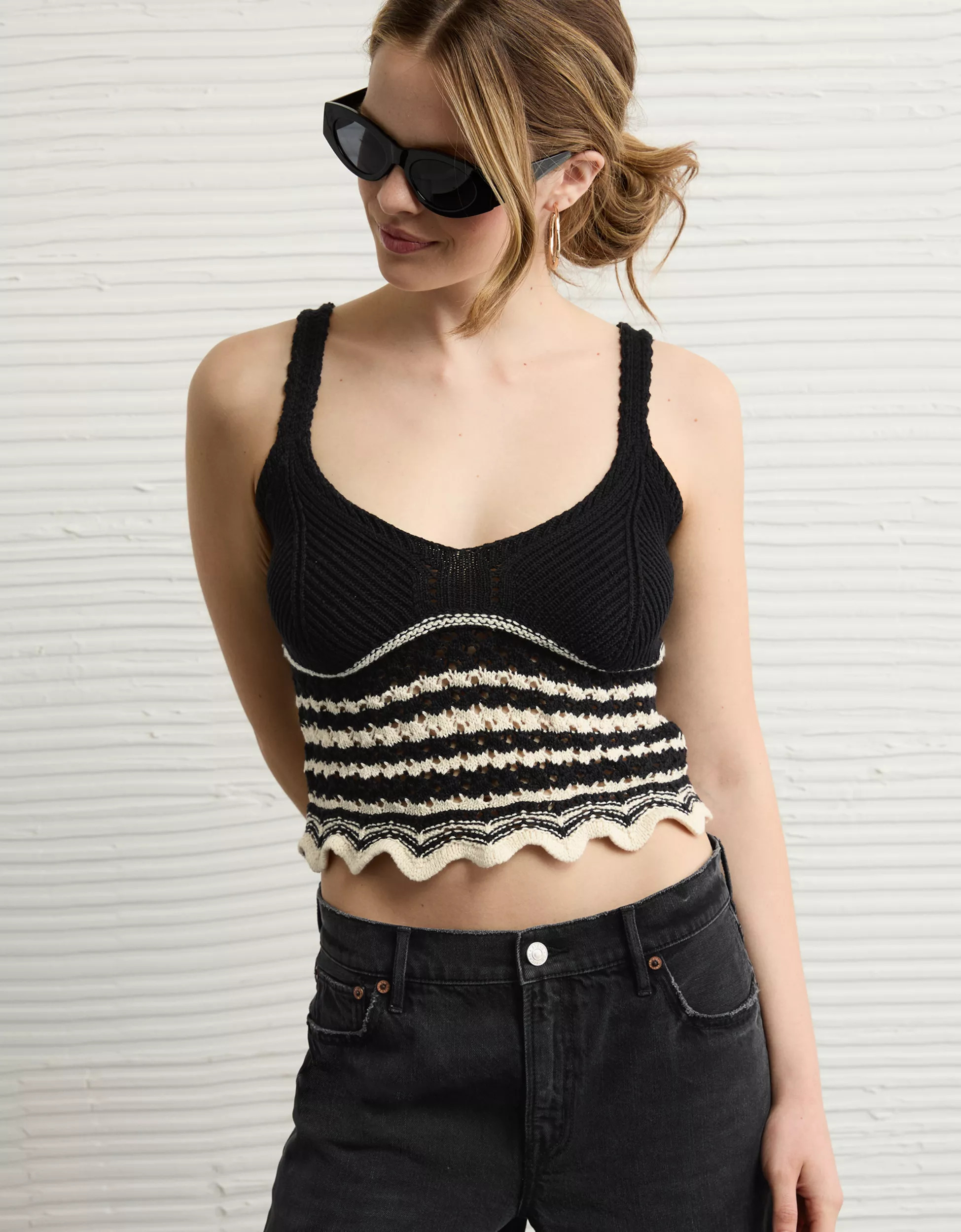 AE V-Neck Pointelle Striped Tank Top | American Eagle Outfitters (US & CA)