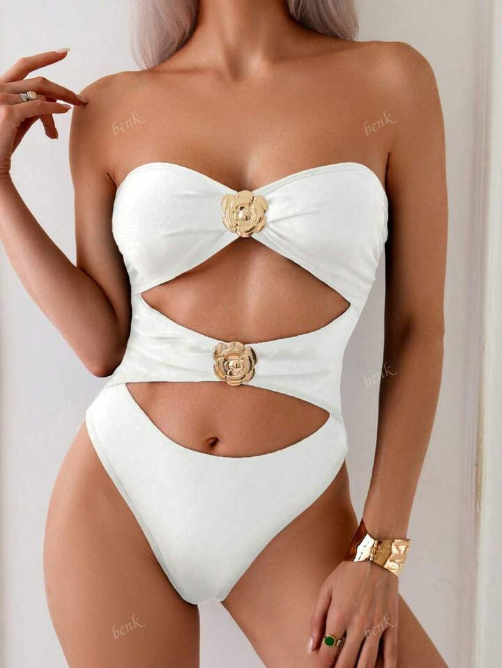 Women's Black Gold Flower Print Halter Hollow-Out Sexy One-Piece Swimsuit | SHEIN