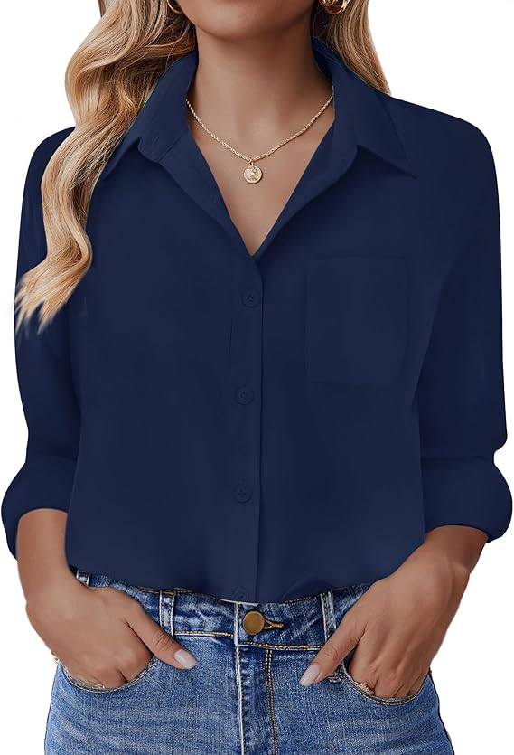 HOTOUCH Button Down Shirt for Women Basic Work Office Drop Shoulder Blouse Casual Loose Long Slee... | Amazon (US)