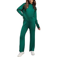 ANRABESS Women's Two Piece Outfits Batwing Long Sleeve Crop Top & Ribbed Knit Wide Leg Pants Loun... | Amazon (US)