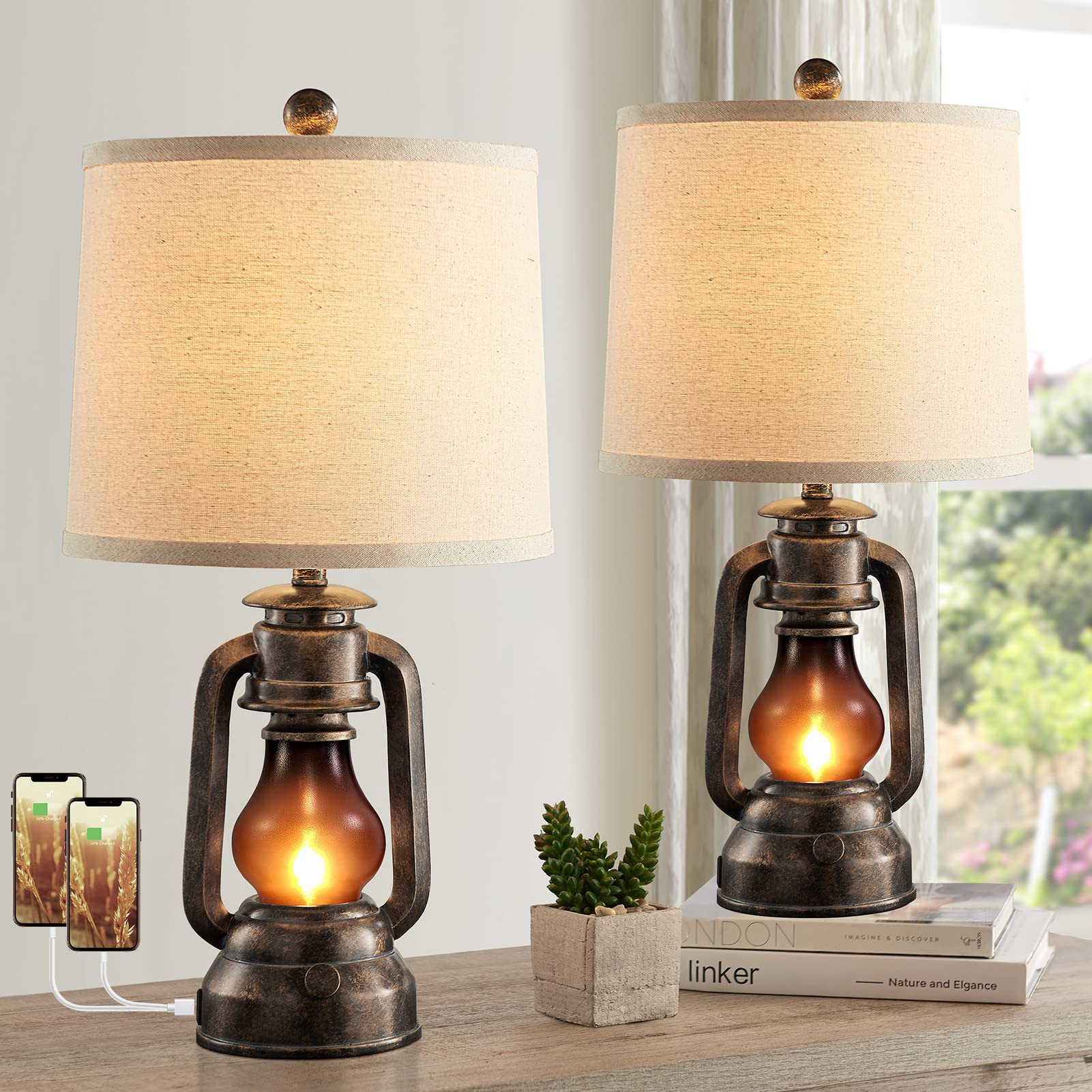 RORIANO Farmhouse Lantern Table Lamps for Living Room Set of 2, Vintage Bedroom Resin Lamp with D... | Amazon (US)