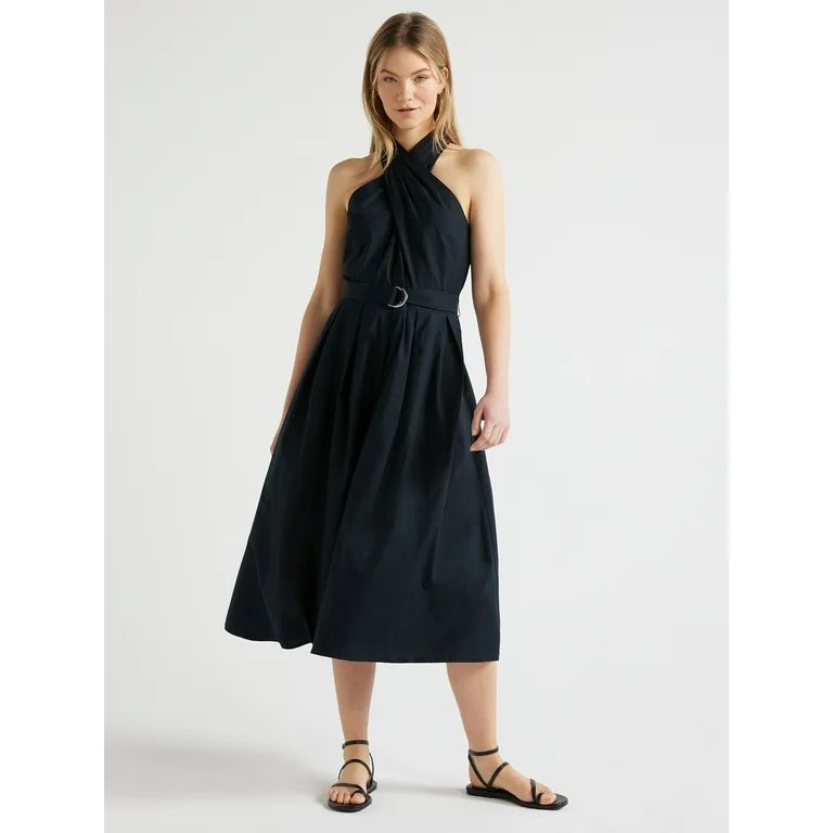 Scoop Women's Belted Halter Midi Dress, Sizes XS-XXL - Walmart.com | Walmart (US)