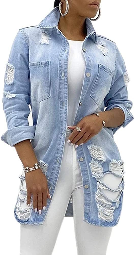 Women's Jean Jacket Long Sleeve Classic Distressed Fray Hem Tassels Denim Trucker Jackets | Amazon (US)