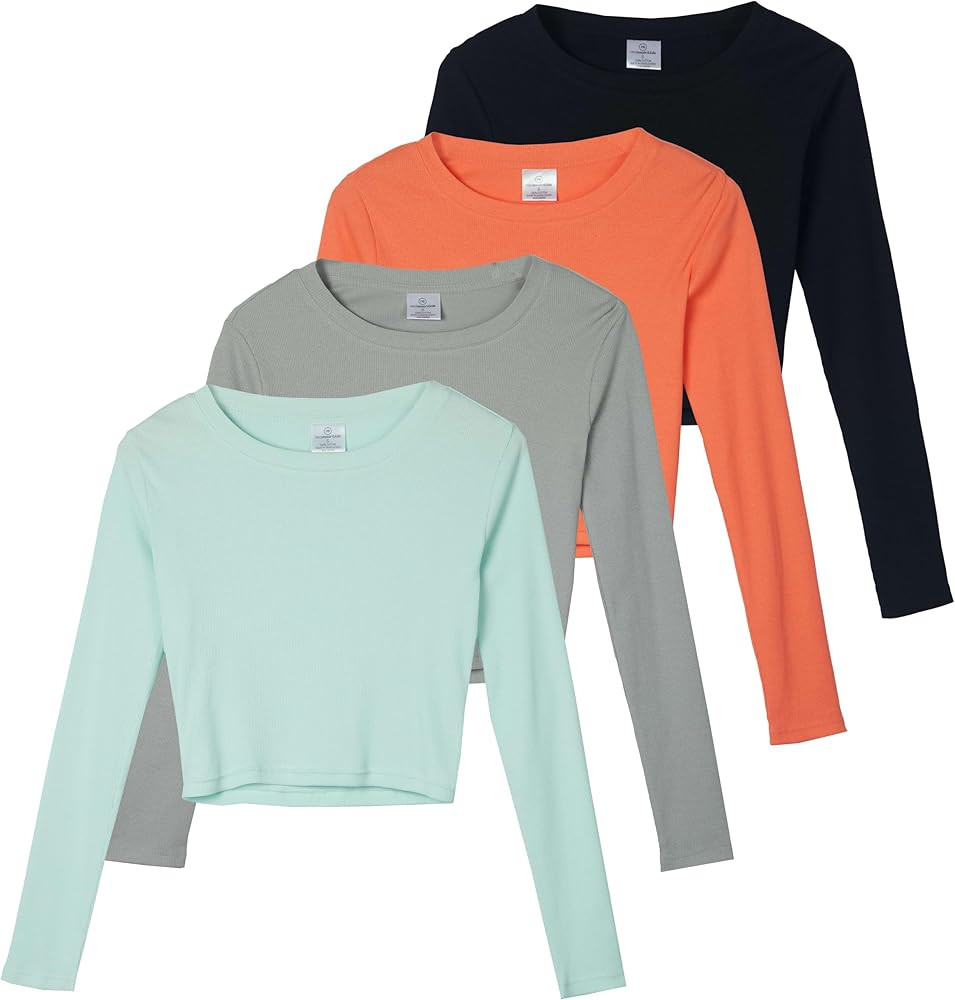 Real Essentials 4-Pack: Women's Long Sleeve Ribbed Knit Cotton Crew Neck Crop Top Shirt - (Availa... | Amazon (US)