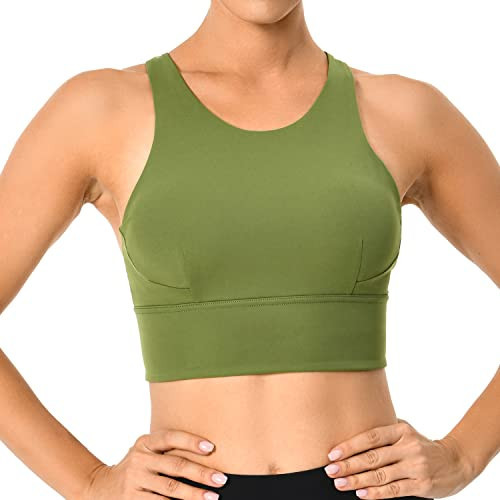 Colorfulkoala Women's Racerback Sports Bra Tank Top - Longline Crop with Medium Support and Padding (XS, Olive Green) | Amazon (US)
