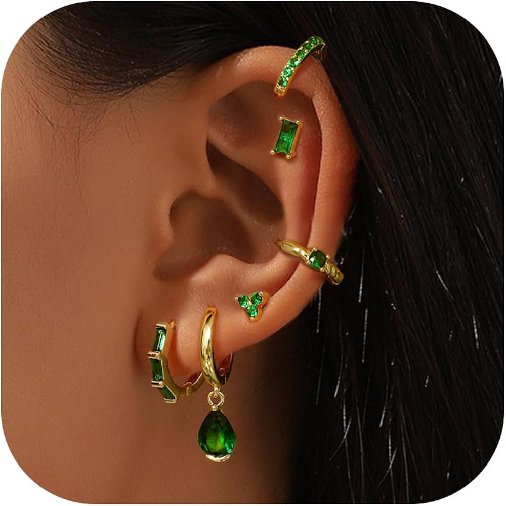 14K Gold Plated Hoop Earrings for Women 6 Pairs Emerald Green Earrings Dainty Small Hoop Earrings... | Amazon (US)
