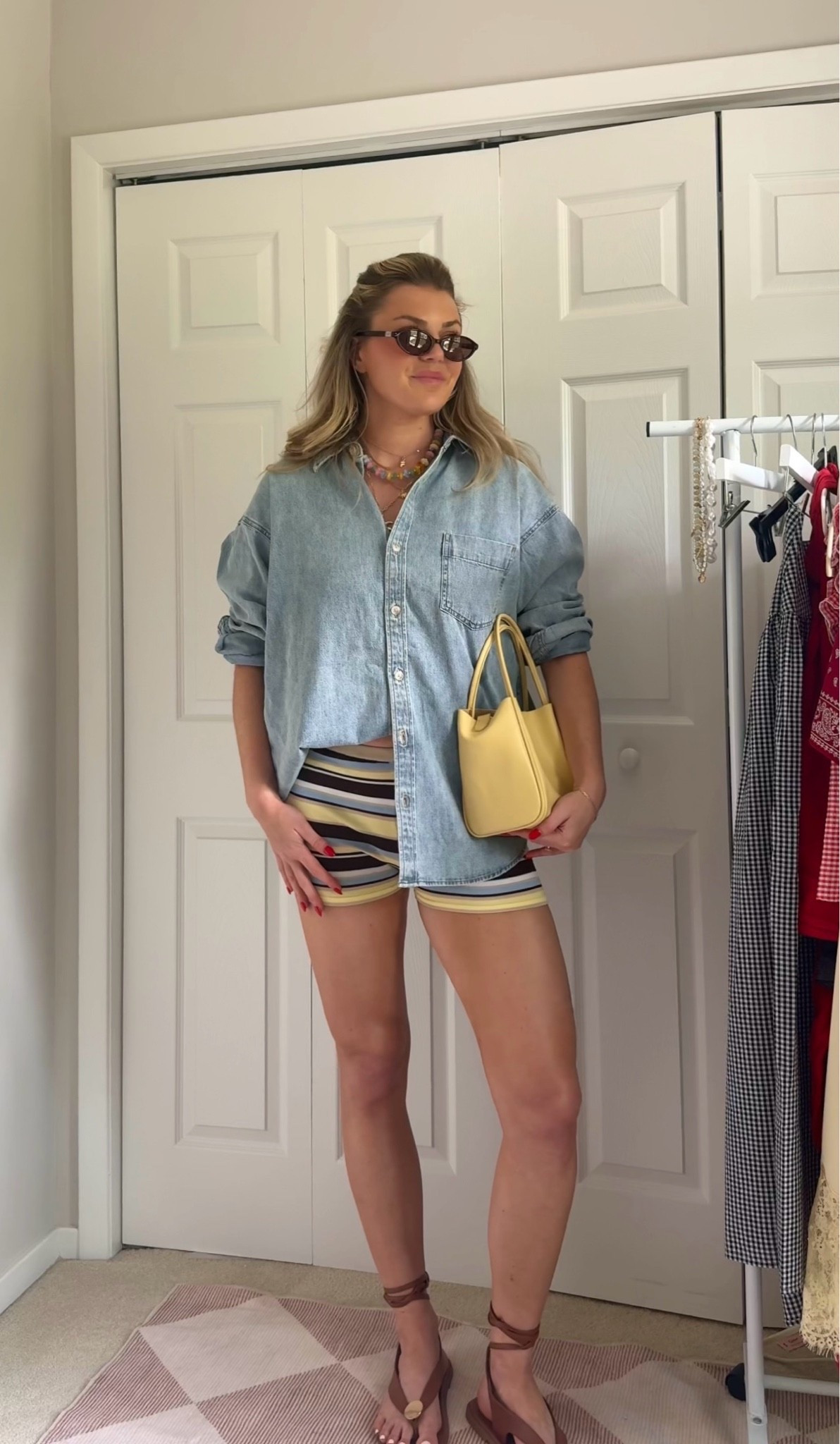 Wearing a medium in both the denim shirt and shorts! Shorts sold as a set 🤎