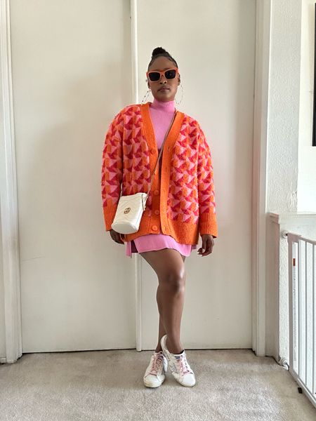 Bright colors for fall | pink turtleneck dress paired with an oversize orange and pink cardigan and Golden Goose sneakers

#Casualoutfits #falloutfits 

#LTKshoecrush #LTKstyletip
