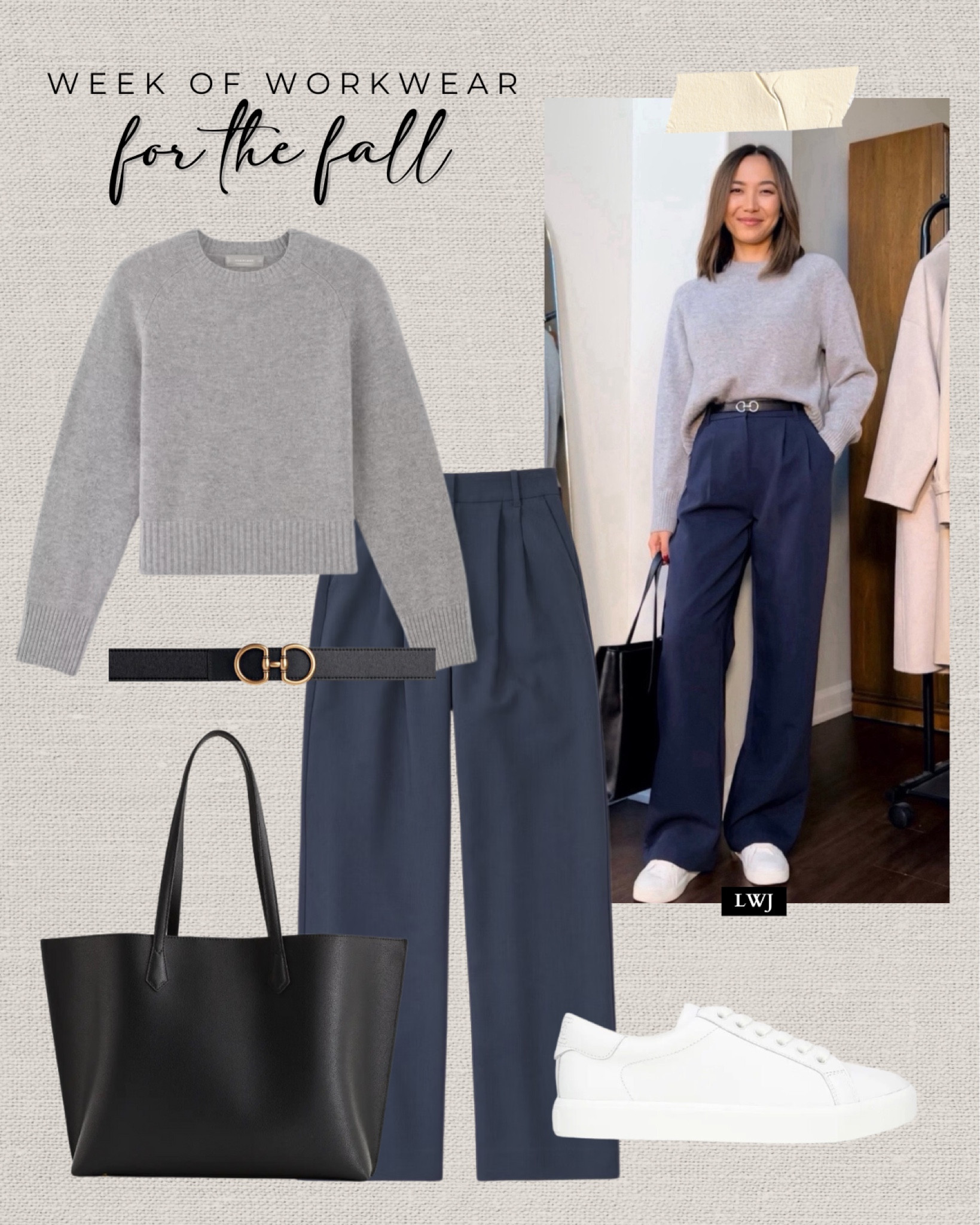 Week of workwear: for the fall 

Everlane boxy cut sweater xs 
Abercrombie Sloane tailored wide leg pants in navy - linked to similar styles // I’d recommend getting the extra petite or petite length at Abercrombie if you’re under 5’4” or have shorter legs 
Leather tote 
Sam Edelman white sneakers 
Edited pieces mini belt 

#LTKWorkwear #LTKStyleTip