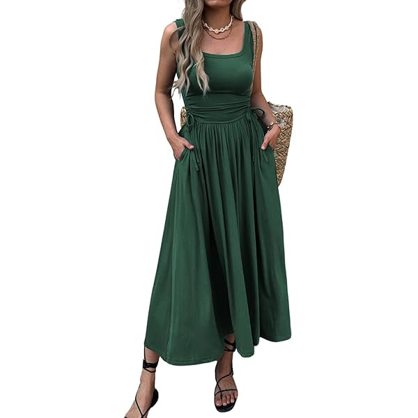 Mieazom Women\u2019s Short Sleeve Maxi Dress Bodycon Long Dress Adjustable Waist Flowy Hem Stretc... | Amazon (US)
