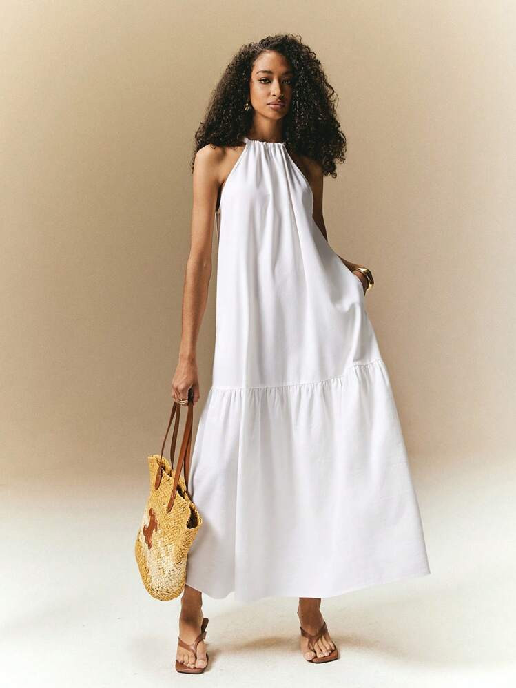 Poéselle Women's Solid Ruffled Hem Casual Halter Dress,White Dresses For Women Women Maxi Dresses, Summer Dresses For Women,Dress With Pockets, Poeselle | SHEIN
