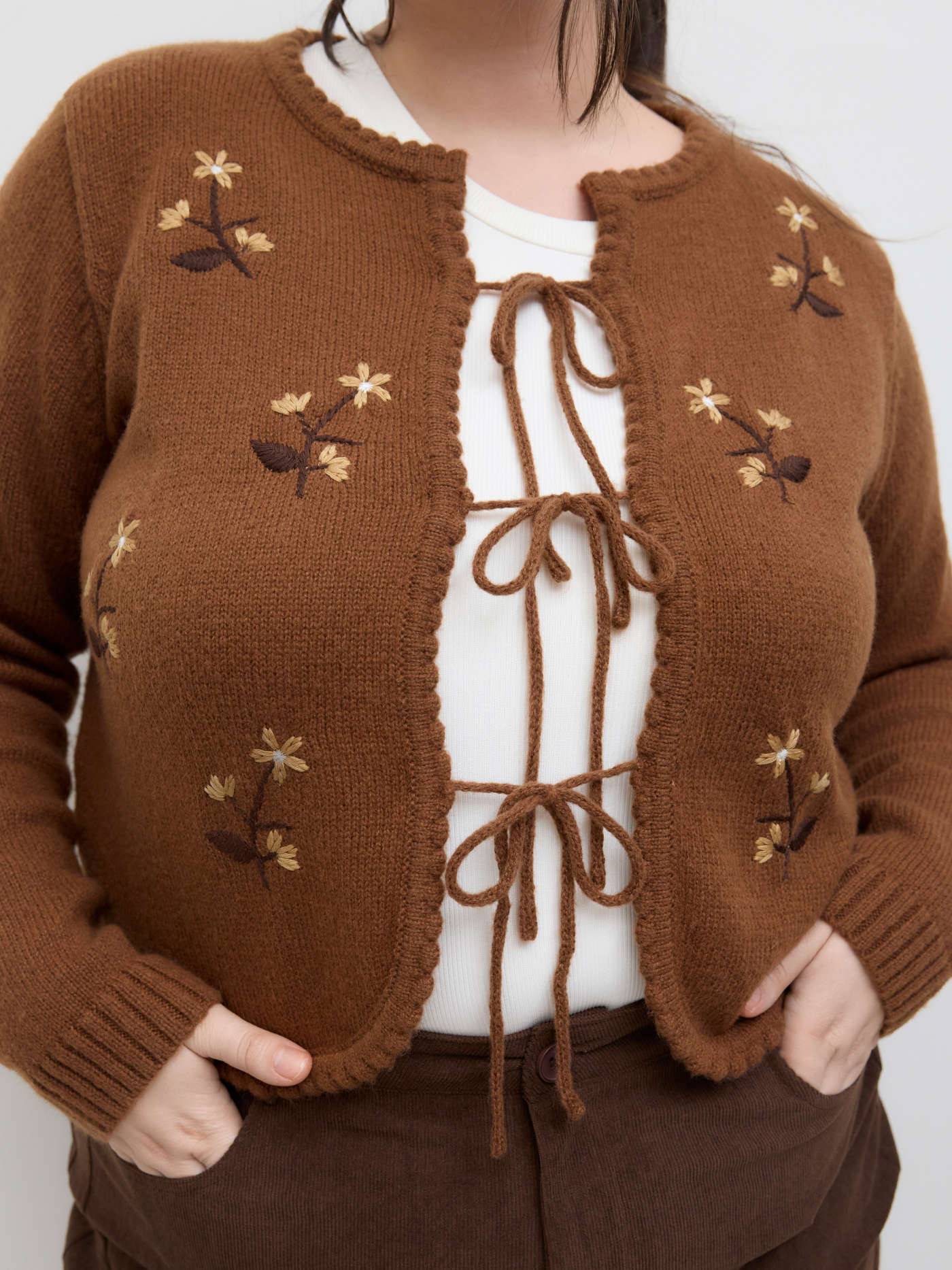 Knit Fabric Floral Embroidery Knotted Cardigan Curve & Plus For School Coffee Shop | Cider