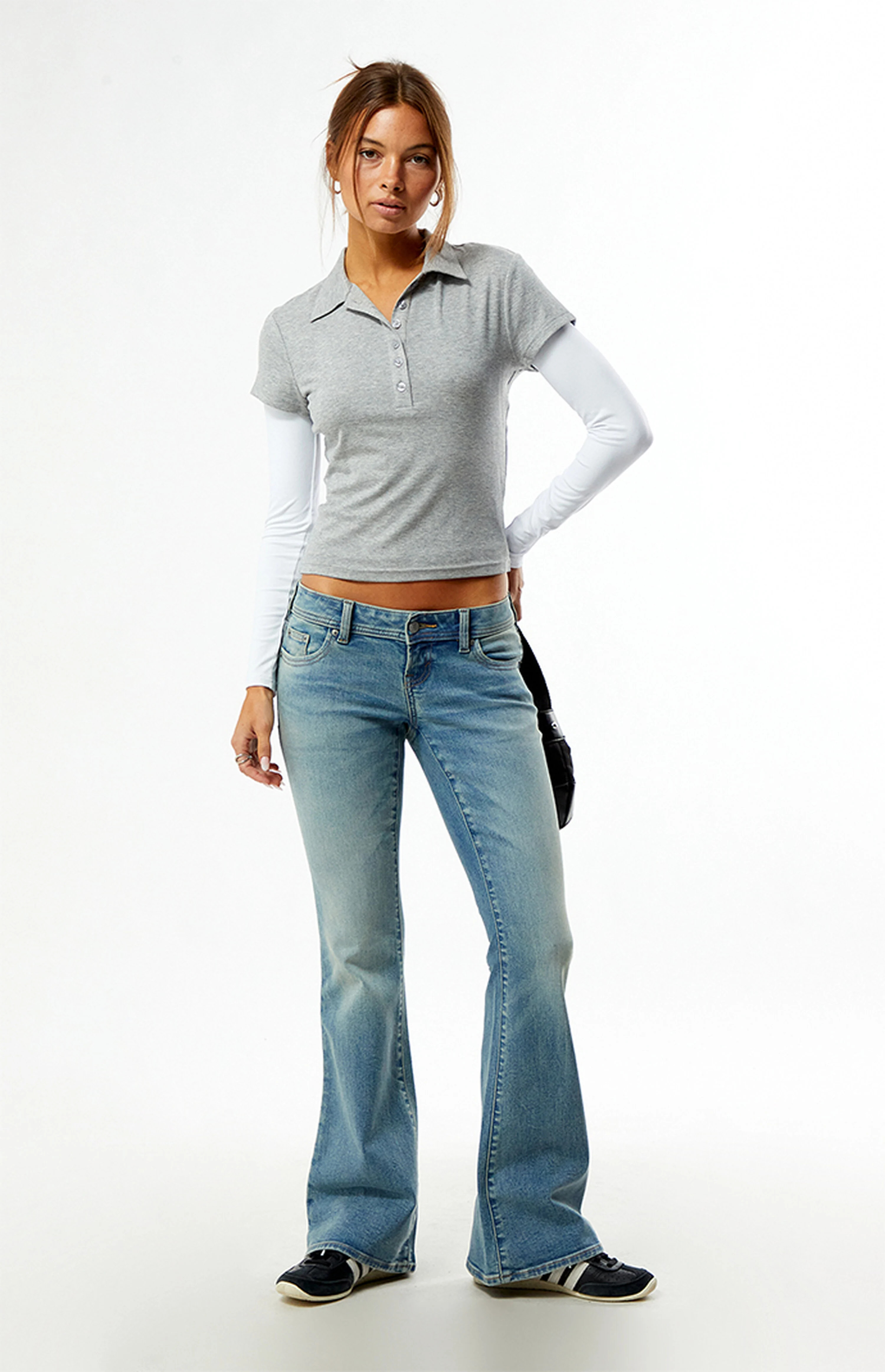 Pacsun Alana Ultra Low Rise Flare Jeans Button Pockets Light Blue | PacSun