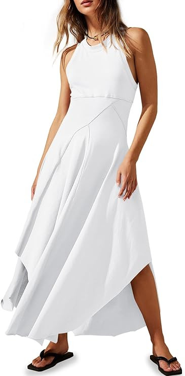 Fisoew Womens Summer Sleeveless Maxi Dress Asymmetrical Hem Crew Neck High Waist A Line Flowy Cas... | Amazon (US)