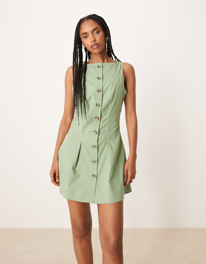 ASOS DESIGN slash neck button down mini vest sundress in sage-Green | ASOS (Global)