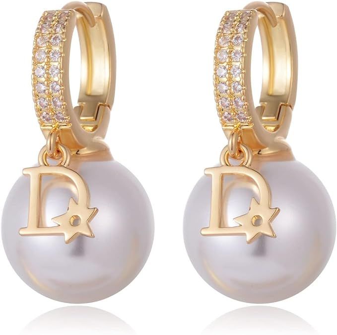 GAUEIOUR D Pearl Dangle Earrings,Pearl Shell Pearl Full Diamond Ear Buckle Earrings for Women, Ho... | Amazon (UK)