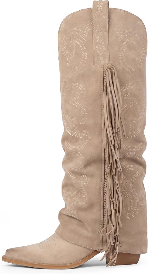 Women's Fold Over Fringe Embroidered Western Cowboy Boots | Amazon (US)