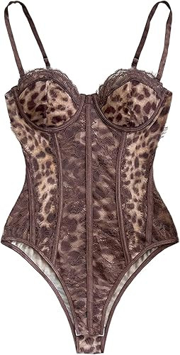 GORGLITTER Women's Leopard Print Corset Bustier Bodysuit Lace Eyelash Trim Sexy Spaghetti Strap C... | Amazon (US)