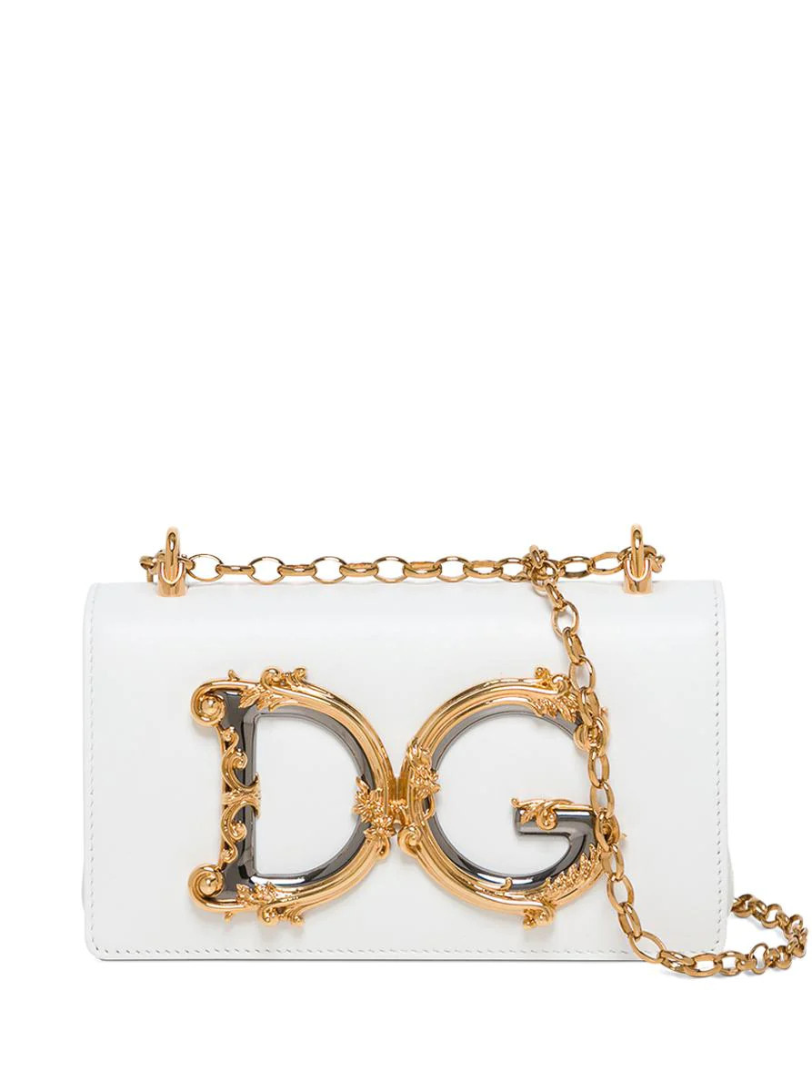 DOLCE & GABBANA 'DG GIRLS' WHITE PHONE BAG WITH CHAIN STRAP AND BAROQUE LOGO IN LEATHER WOMAN | Baltini