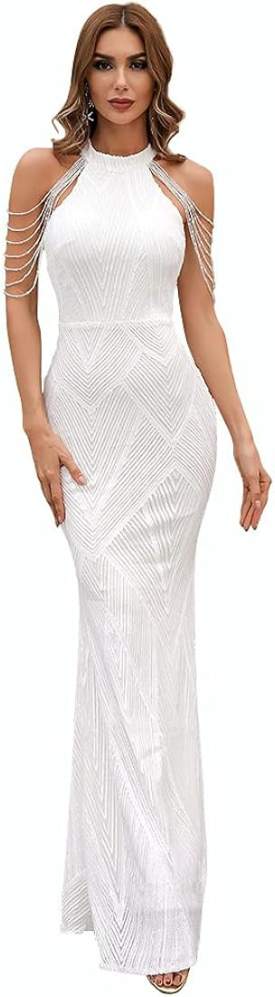 Lin Lin Q Women’s Formal Halterneck Sleeveless Sequin Evening Dress, Slim Fit Mermaid Cocktail ... | Amazon (US)