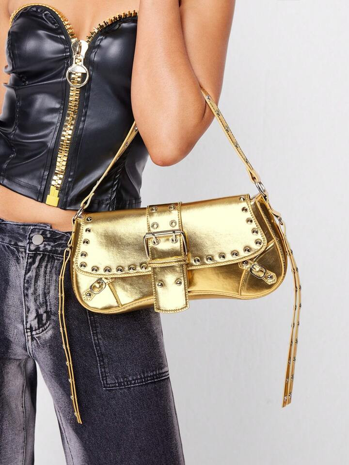 SHEIN SXY Fashionable Shoulder Gold Bag With Rivet Decoration For Women And Teenagers | SHEIN