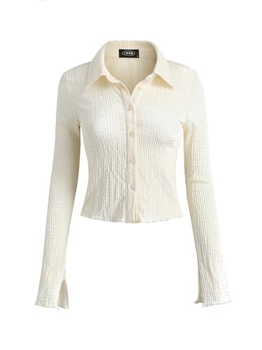 CIDER Women's Long Sleeve Shirts Bell Sleeve Button Down Casual Blouse Business Casual Office Outfit Beige | Amazon (US)