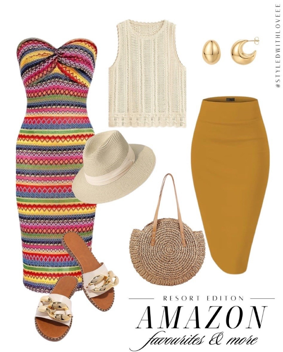 This Amazon Resort Edition is the perfect balance of vibrant and neutral tones for a chic vacation look. The colorful strapless dress makes a bold statement, ideal for warm beach days or tropical evenings. For a more refined outfit, the crochet top pairs effortlessly with the mustard midi skirt, creating a breezy yet polished ensemble.  



#LTKPetite #LTKSwim #LTKootd