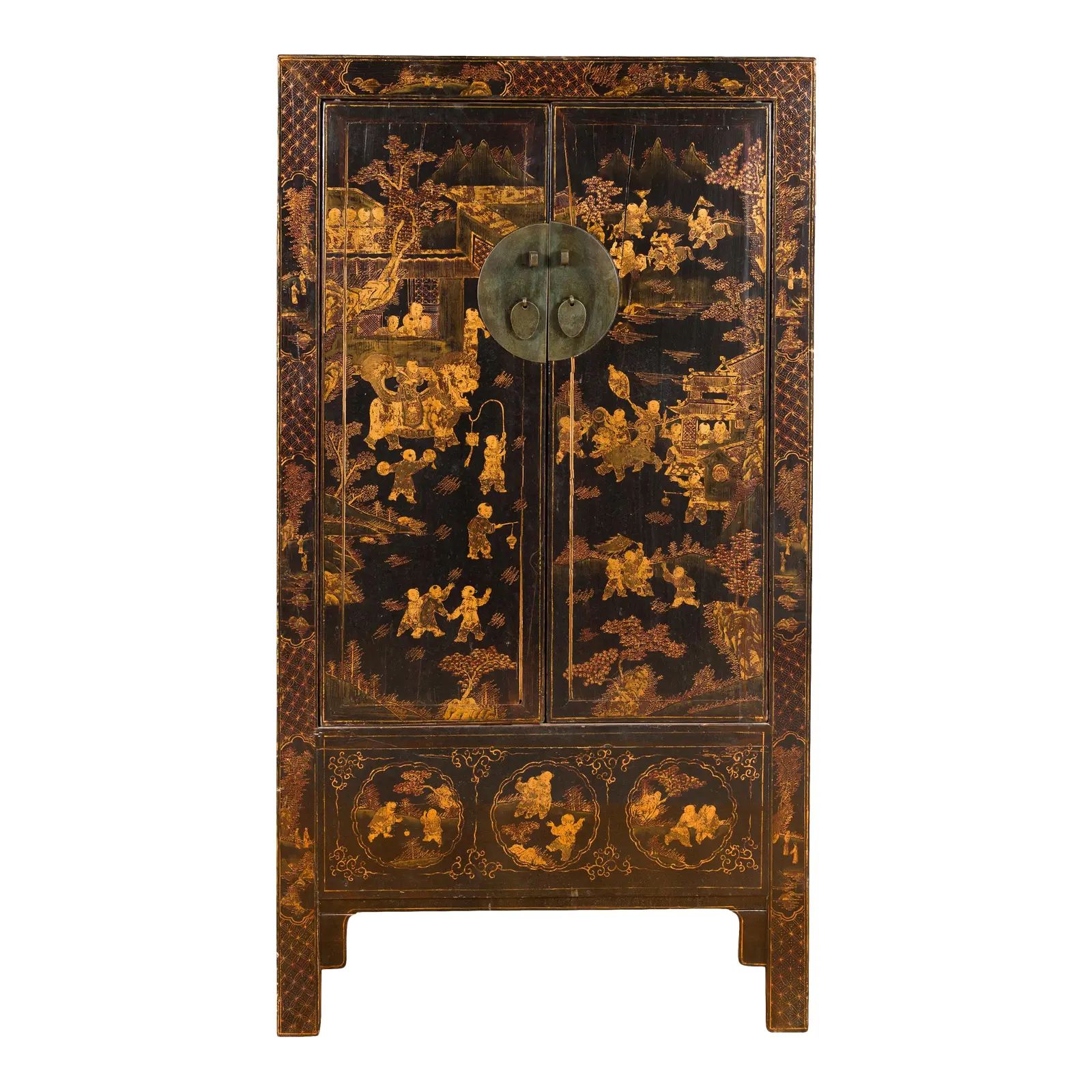 Chinese 19th Century Qing Dynasty Black and Gold Cabinet with Chinoiserie Decor | Chairish