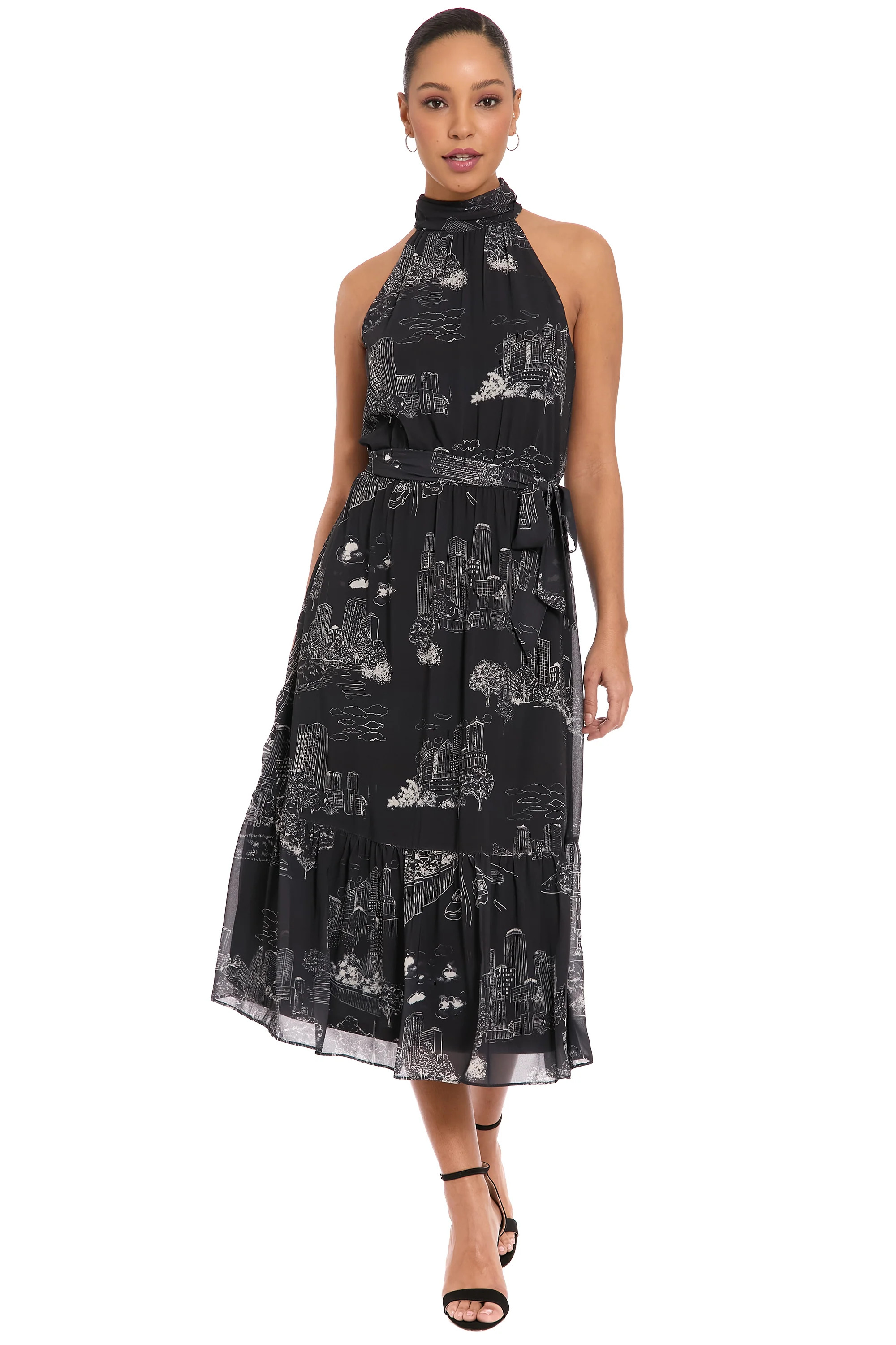 Elina Halter Ruffle Midi in Printed Toile A-Line | London Times | Maggy London