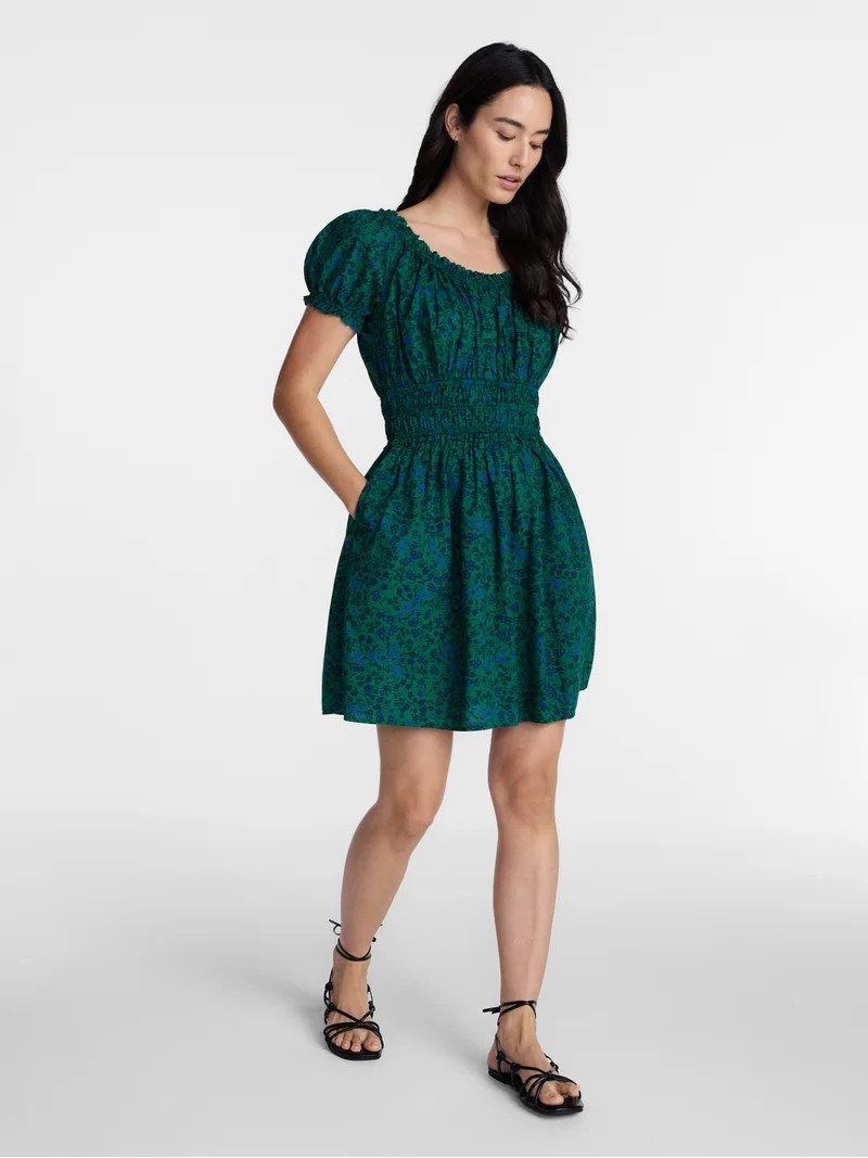 Time and Tru Women's Cotton Peasant Mini Dress With Puff Sleeves, Sizes XS-4X | Walmart (US)