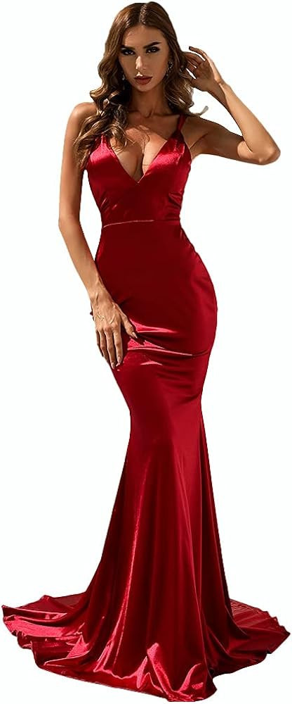 Lin Lin Q Women’s Formal Deep V Lace Up Satin Maxi Dress, Sexy Spaghetti Strap Mermaid Wedding ... | Amazon (US)