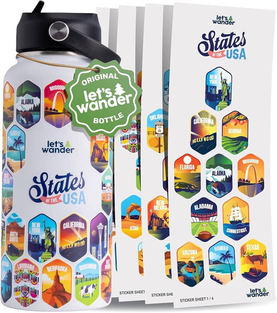 LET'S WANDER 50 States Water Bottle with Waterproof Stickers - 32oz Leakproof Insulated Stainless... | Amazon (US)