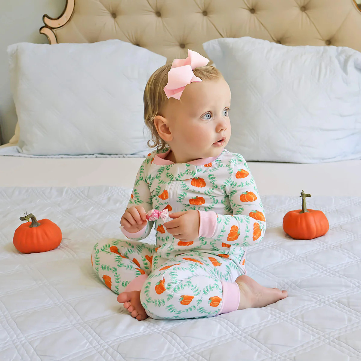 Pumpkin Print Pink Rib Zip Sleeper | Classic Whimsy