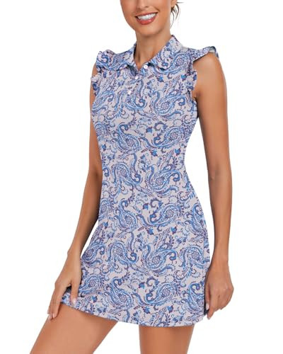 Soneven Women's Tennis Golf Dress with Shorts Button Down Ruffles Sleeveless Athletic Polo Dresses for Women with Pockets(133-Blue Retro Print, X-Large) | Amazon (US)