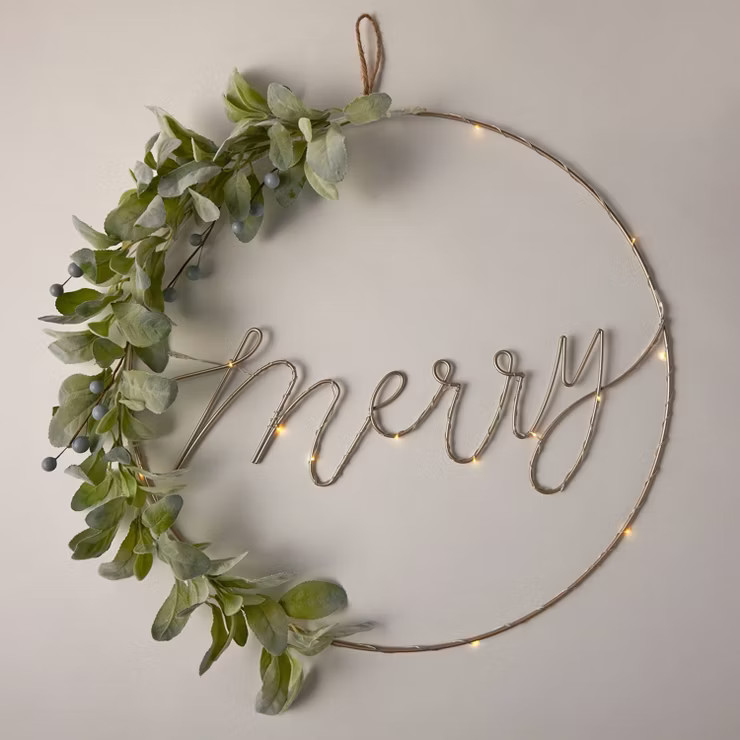 20" Lit 'Merry' Hoop with Faux Greenery Decorative Wreath Gold - Wondershop™ | Target