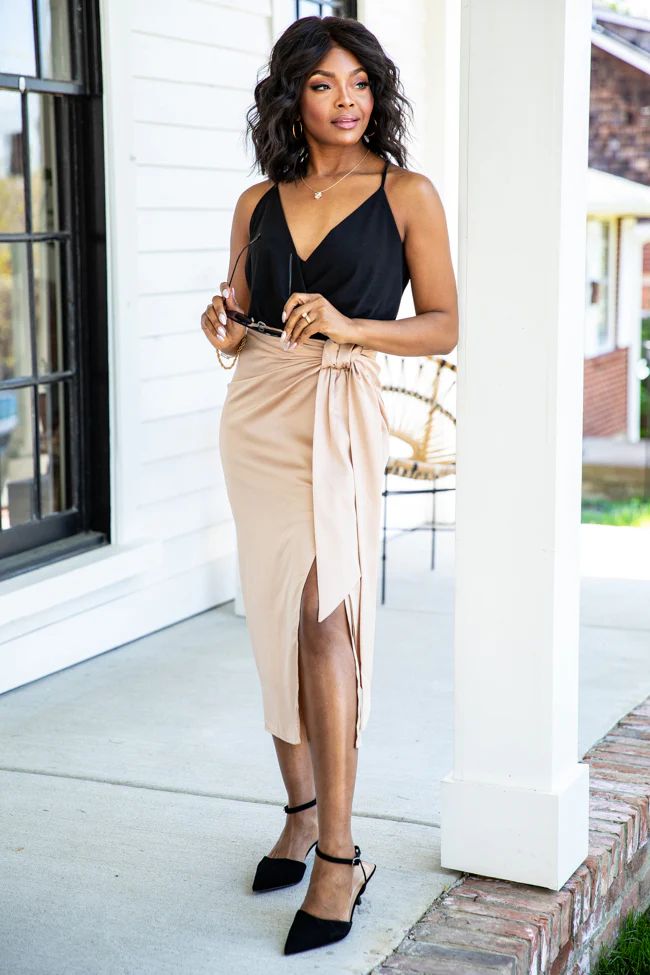 Let's Stay Forever Taupe Satin Knot Detail Midi Skirt FINAL SALE | Pink Lily