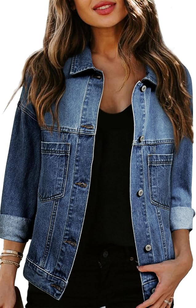 Sidefeel Women's Denim Jean Jackets Casual Long Sleeve 2024 Fall Outfits Oversized Jean Coat with... | Amazon (US)