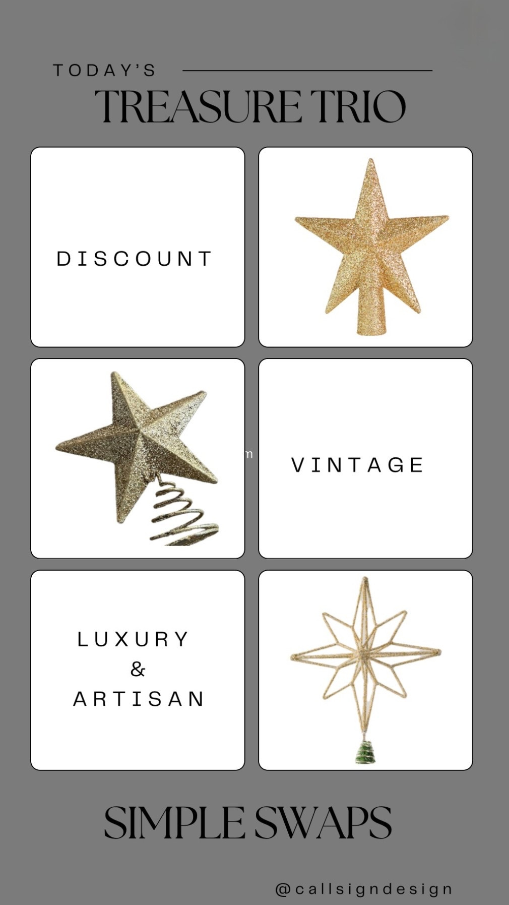 Elevate your holiday decor with these stunning Christmas tree toppers! They add a touch of sparkle and magic to any tree. 🌟

#Christmas #ChristmasDecor #WhiteChristmas #TraditionalChristmas #VintageChristmas #CallSignDesign #Vintage #Luxury #InteriorDesign #InteriorDecorating #Elegance #Chandelier #OldWorldCharm #DesignStyle #CastleCore #OldWorldCharm  #SimpleSwaps