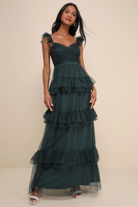 Pure Radiance Emerald Green Mesh Swiss Dot Tiered Maxi Dress | Lulus