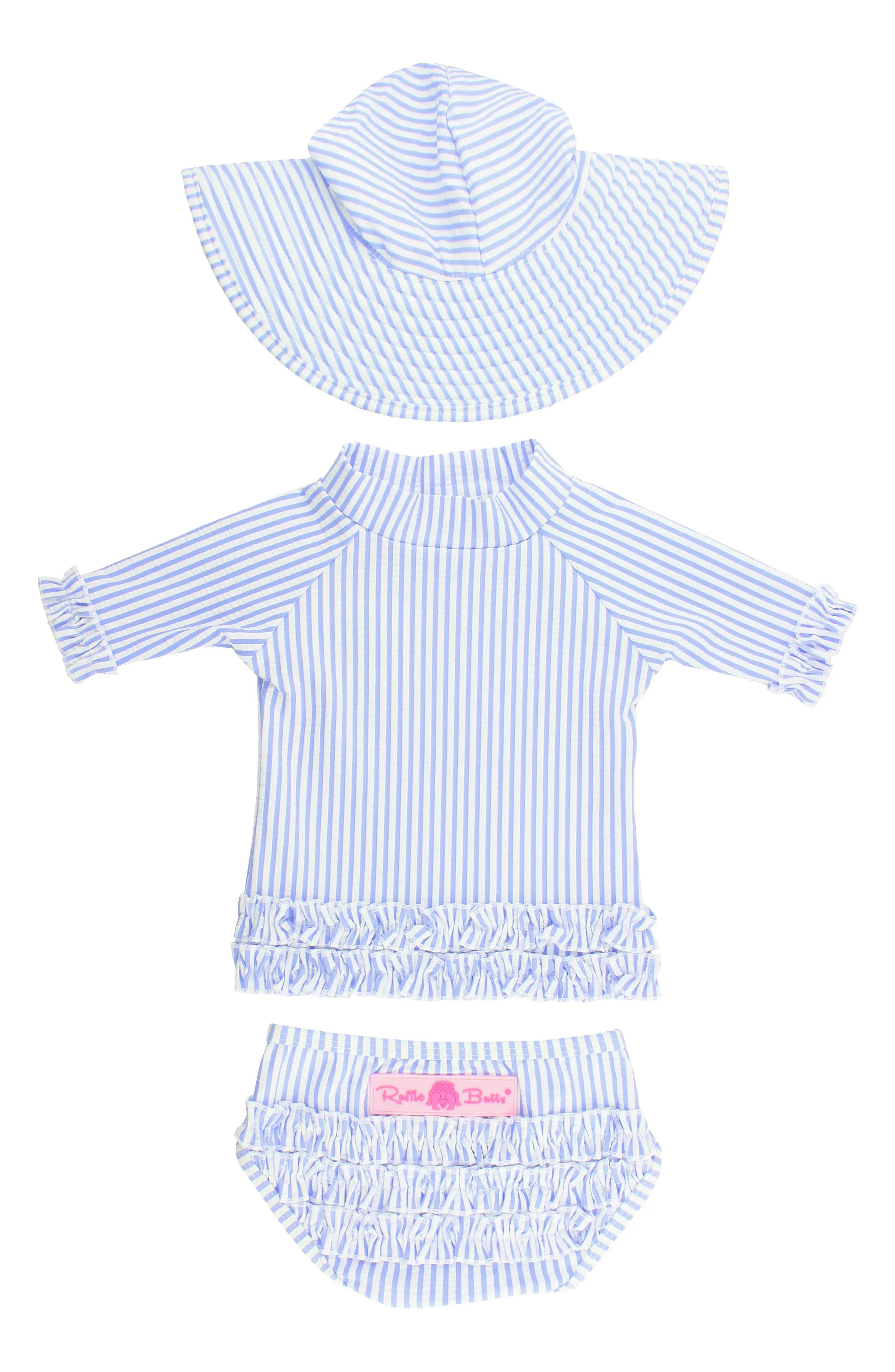 Seersucker Two-Piece Rashguard Swimsuit & Hat Set | Nordstrom