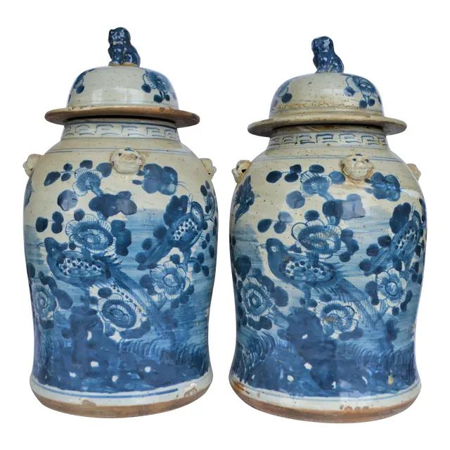 Chinoiserie White & Blue Baluster Temple With Birds / Ginger Jars - a Pair | Chairish