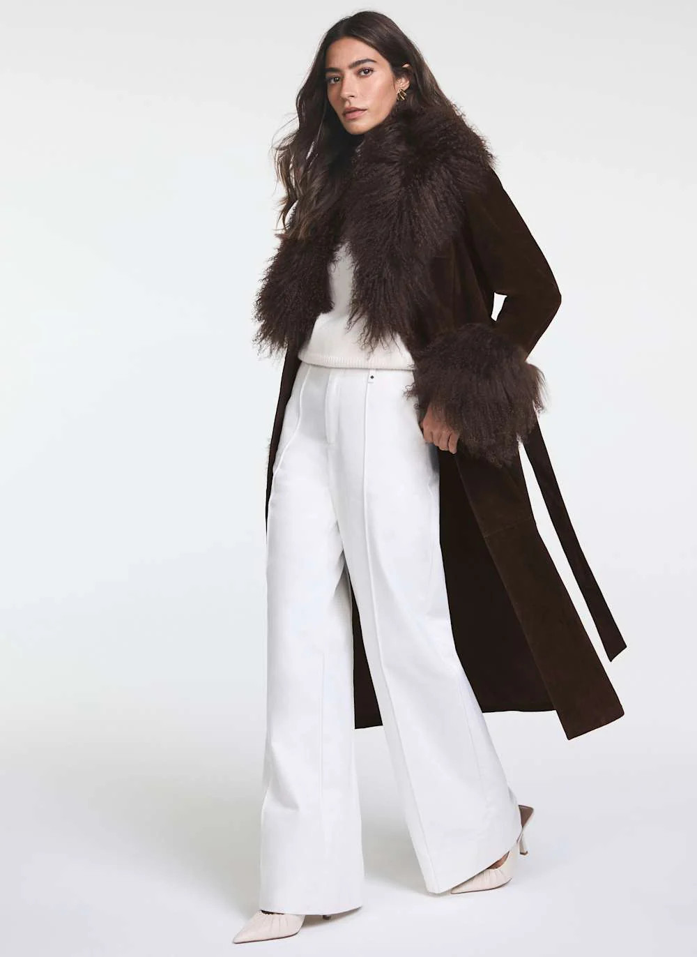 Brown Suede Fur Trim Coat | Mint Velvet