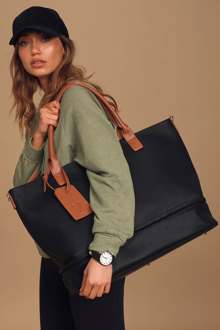 Weekend Traveler Black and Cognac Tote Bag | Lulus