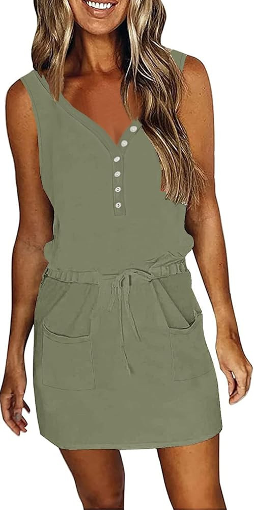 SAUKOLE Womens Sleeveless T Shirt Dresses Trendy 2024 Casual Button V Neck Dresses Summer Boho Be... | Amazon (US)