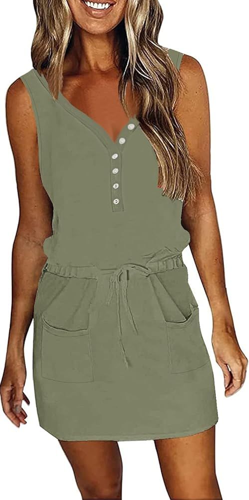 SAUKOLE Womens Sleeveless T Shirt Dresses Trendy 2024 Casual Button V Neck Dresses Summer Boho Be... | Amazon (US)