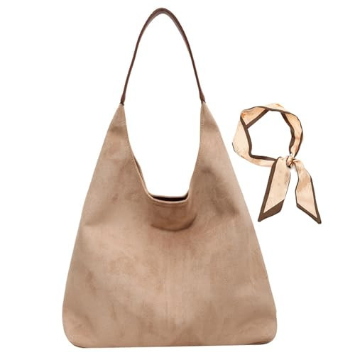 Brown Suede Bag Leather Hobo Bags Slouchy Bag Satchels Crossbody Purse Suede Tote Bag for Women (Beige,14.2 * 12.2 * 5.1 in) | Amazon (US)