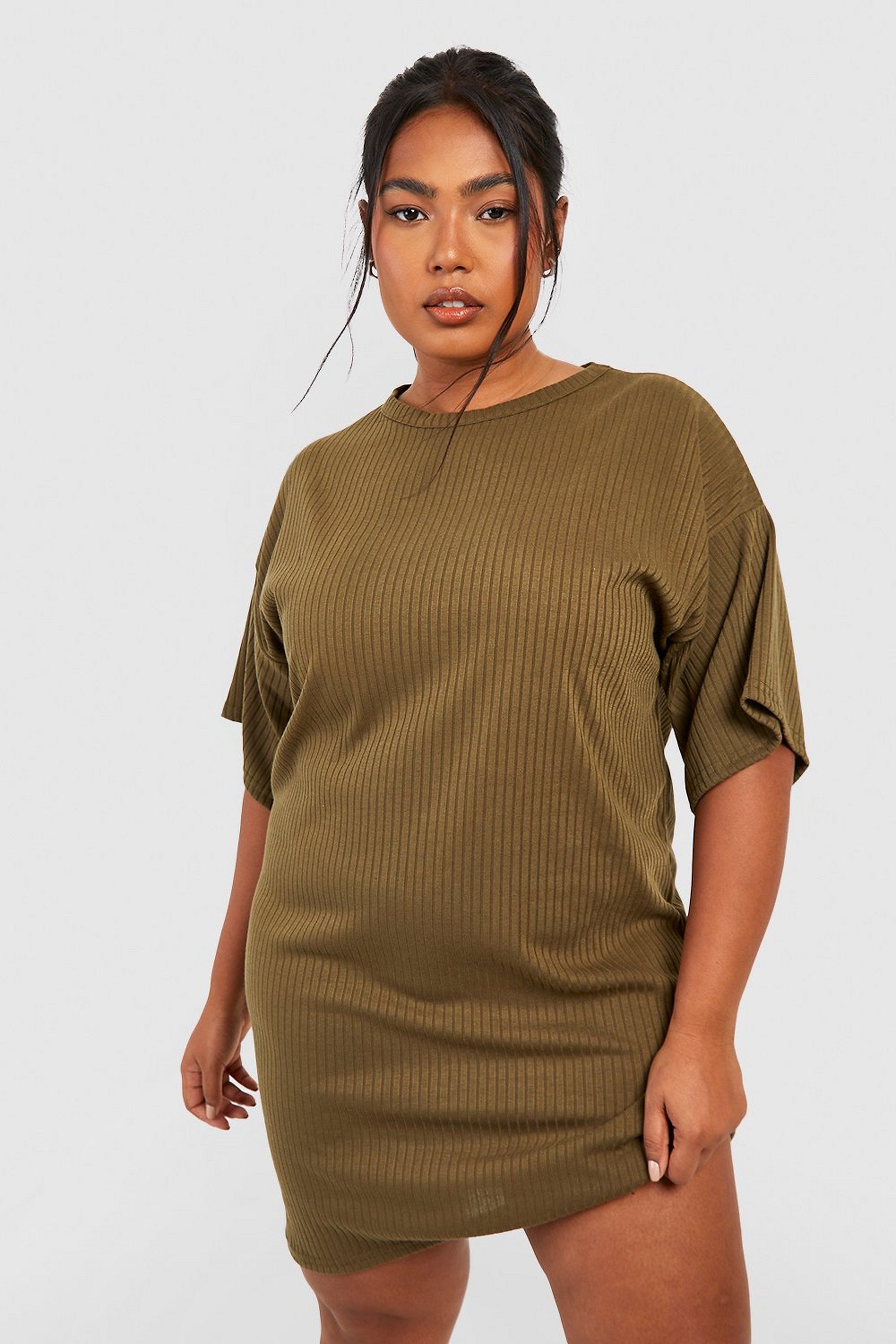 Plus Basic Soft Rib Oversized T-Shirt Dress | Boohoo.com (US & CA)
